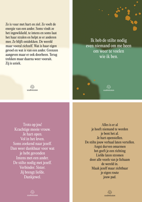 4 stuks inspiratie kaarten geschreven door Claudette Jacobs van Soulmission.