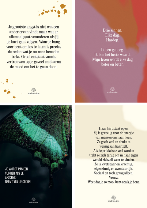 4 stuks inspiratie kaarten A6, geschreven door Claudette Jacobs van Soulmission.