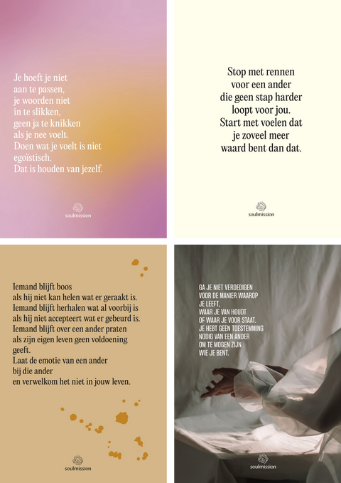 4 stuks inspiratie kaarten A6, geschreven door Claudette Jacobs van Soulmission.