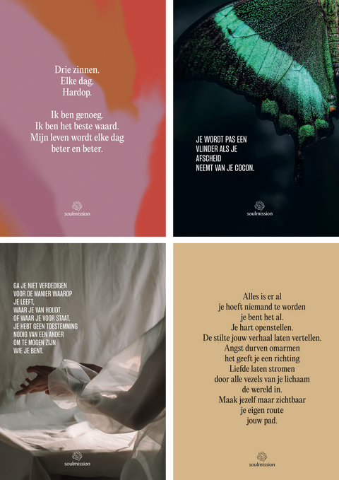 4 stuks inspiratie kaarten A4, geschreven door Claudette Jacobs van Soulmission.